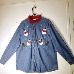 Bobbie Brooks women's shirt buttons Christmas embroidery, cotton sz L.